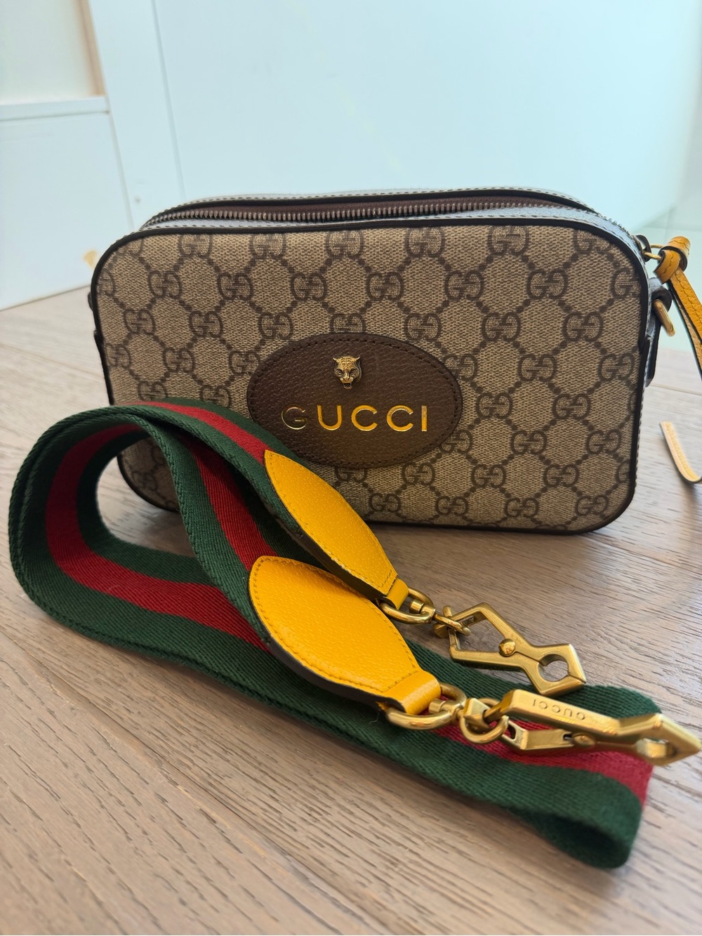 Gucci Brown GG Supreme Canvas Crossbody with Green-Red Web and Yellow Accents